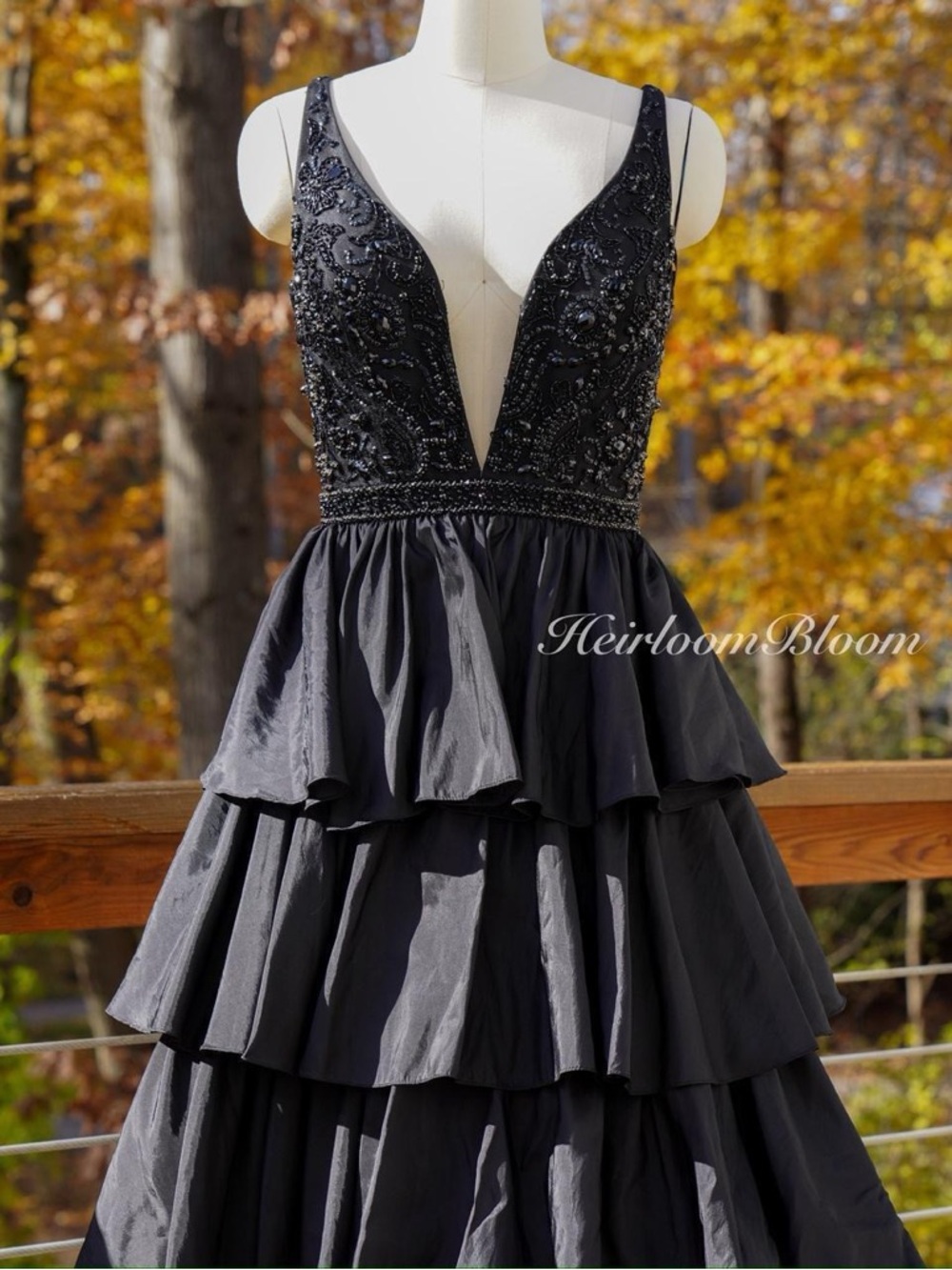 Sherri Hill Black Tiered Beaded V-Neck Evening Gown Prom Dress - Picture 6 of 8